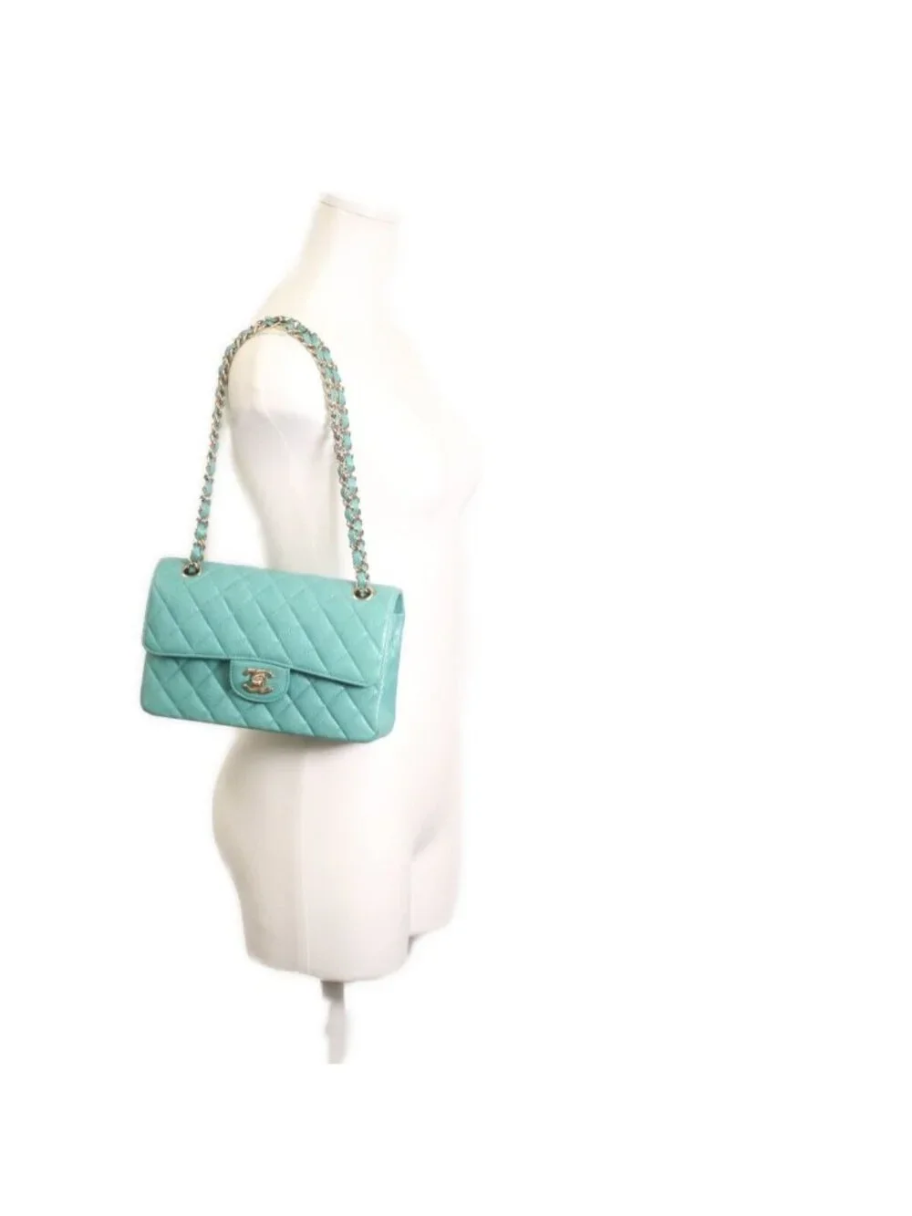 Chanel Pearl Green Caviar Gold Quilted 23 Shoulder Bag